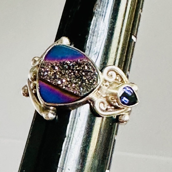 Druzy tanzanite ring adjustable gorgeous estate sterling silver - Picture 9 of 14